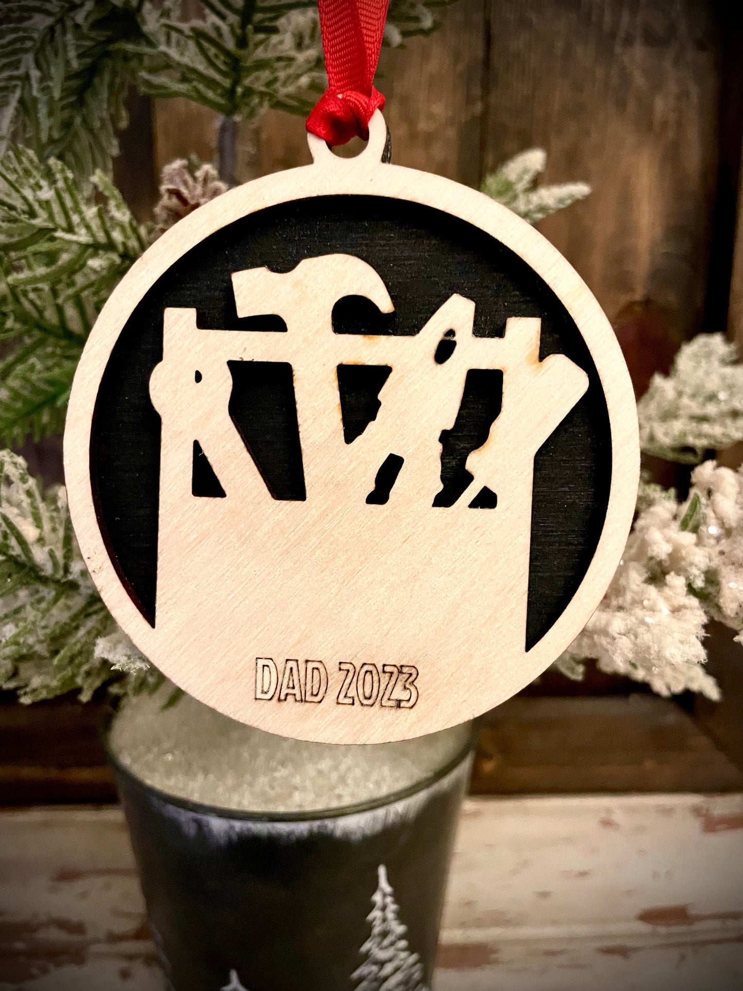 Toolbox and tools carpenter 2-layer personalized laser cut wood Christmas ornament, gift tag available unfinished or stained