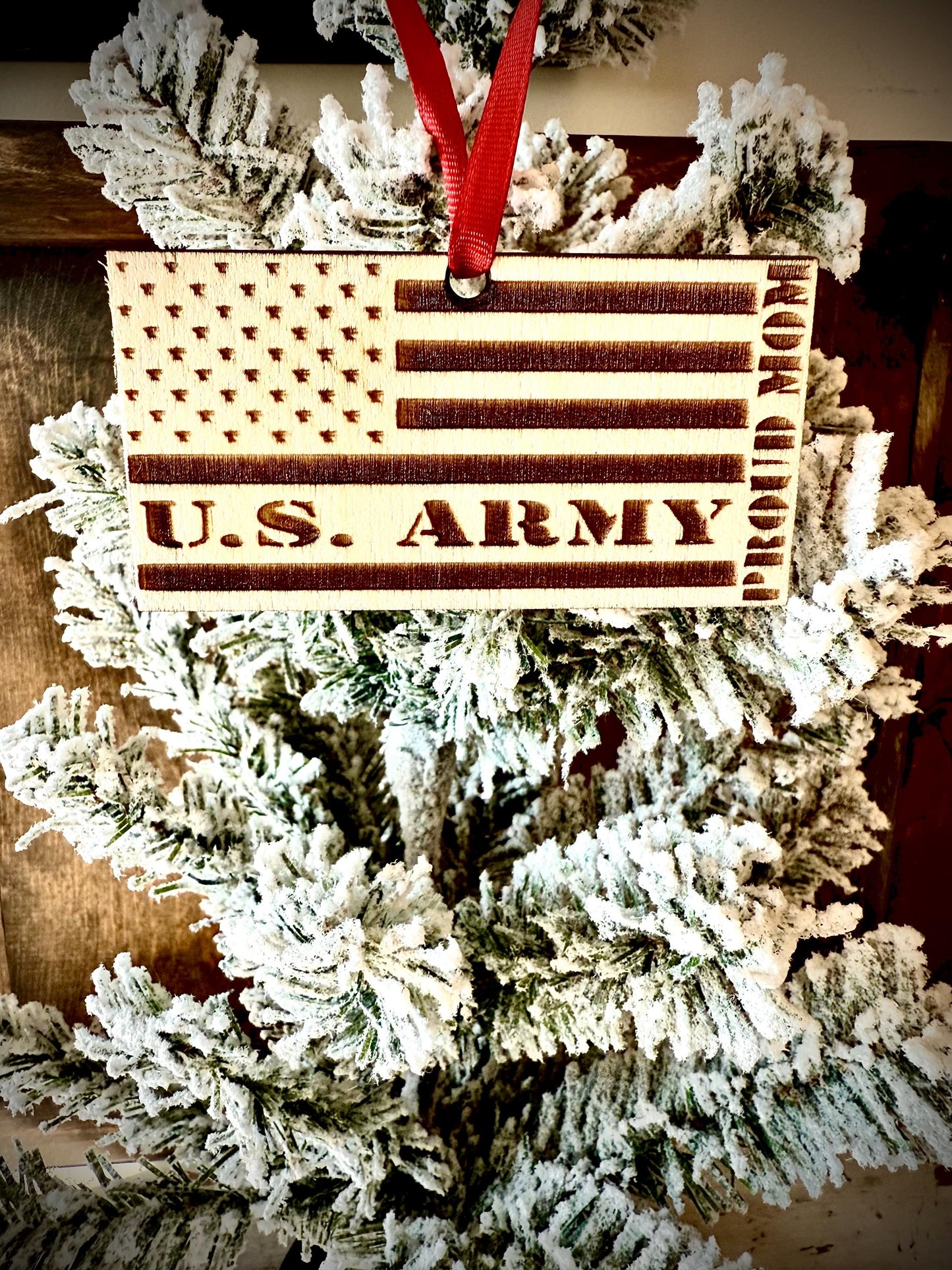 US Army Proud Mom Laser Engraved Wood Christmas Ornament | Military Gift