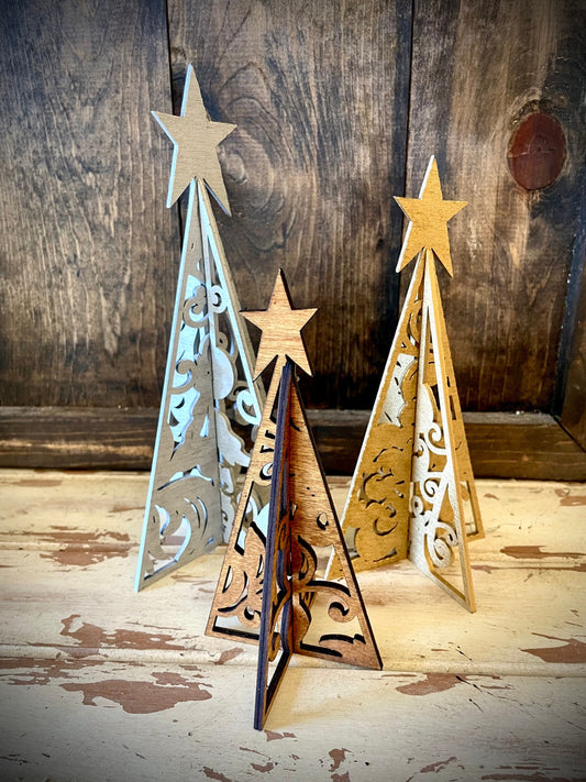 3D Flourish Pine Tree with Star Wood Tabletop Decor | 3 Sizes, 14 Finishes