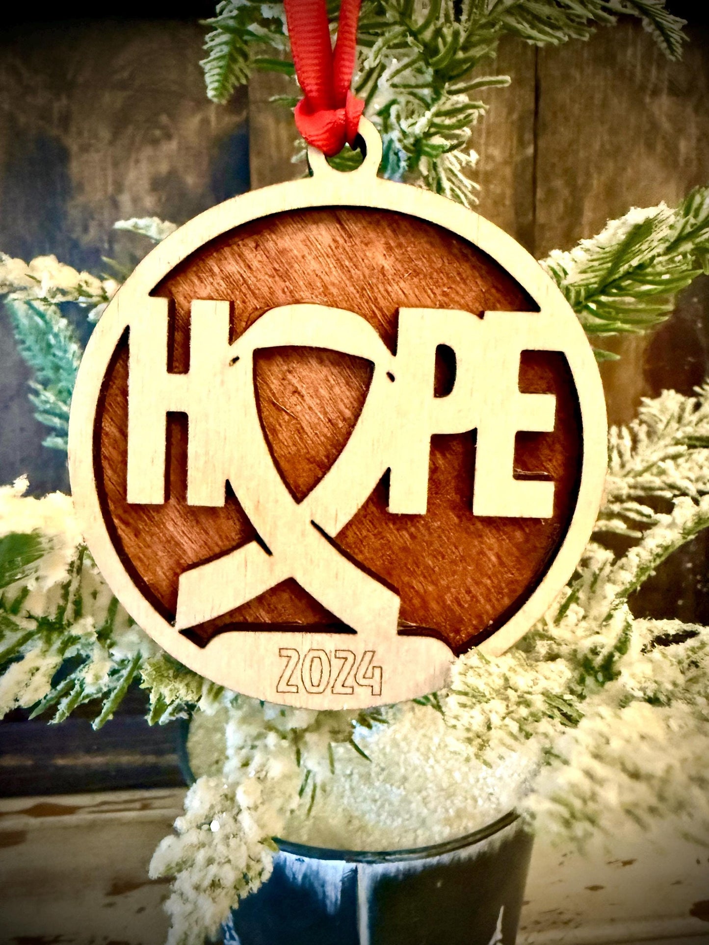 HOPE Cancer Ribbon Personalized 2-Layer Wood Christmas Ornament & Gift Tag | Multiple Finishes | Cancer Awareness Gift