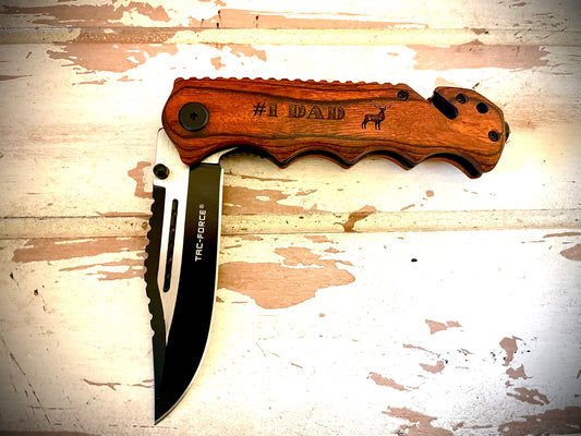 Custom Engraved Wood Tactical & Hunting Knife | Camping & Pocket Knife | Father's Day Gift