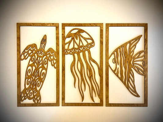 Tropical Sea Life Wood Wall Art | 3-Panel Set | Multiple Sizes & Finishes