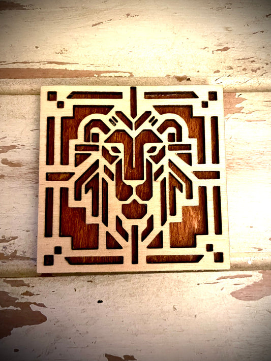 Boho Art Deco Lion 2-Layer Square Wood Magnet | 12 Finishes | Boho Gift