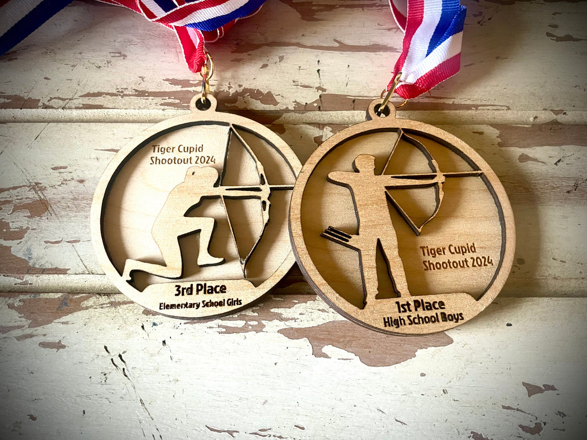 Male & Female Archery Competition Wood Medals | Red, White & Blue Ribbon | Custom Engraving