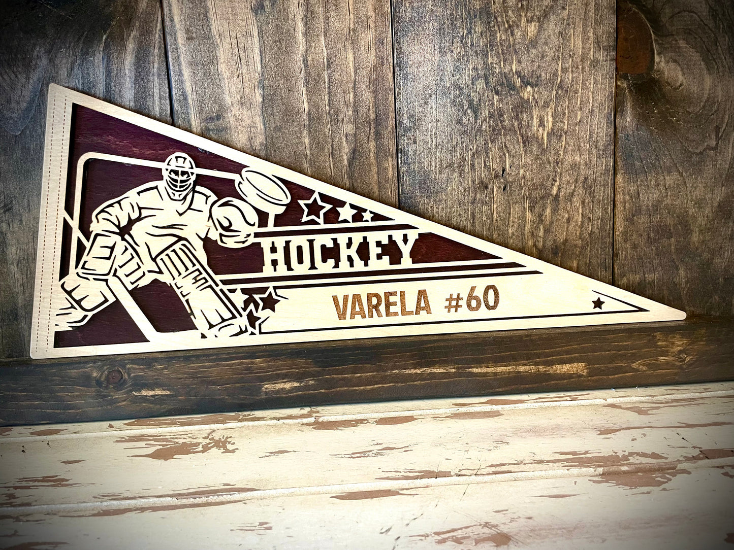 Custom Male Hockey Goalie Wood Pennant | Name & Number Engraved | 12 Finishes