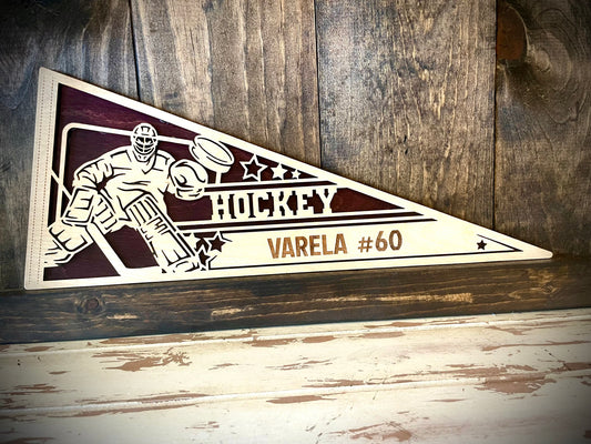 Custom Male Hockey Goalie Wood Pennant | Name & Number Engraved | 12 Finishes
