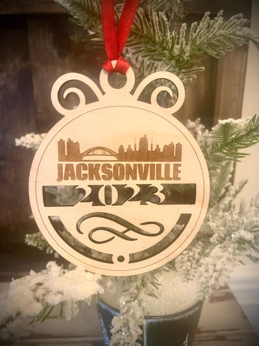 Jacksonville Skyline Wood Ornament | Choice of Year | 4" x 4.75" | Travel Souvenir Gift