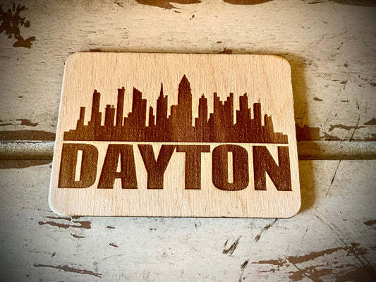 Dayton Skyline Wood Magnet | City Souvenir | 3.5" x 2.5"