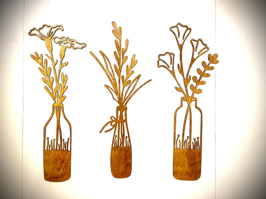 Boho Flower Vase Wood Wall Art | 3-Panel Set | Multiple Colors