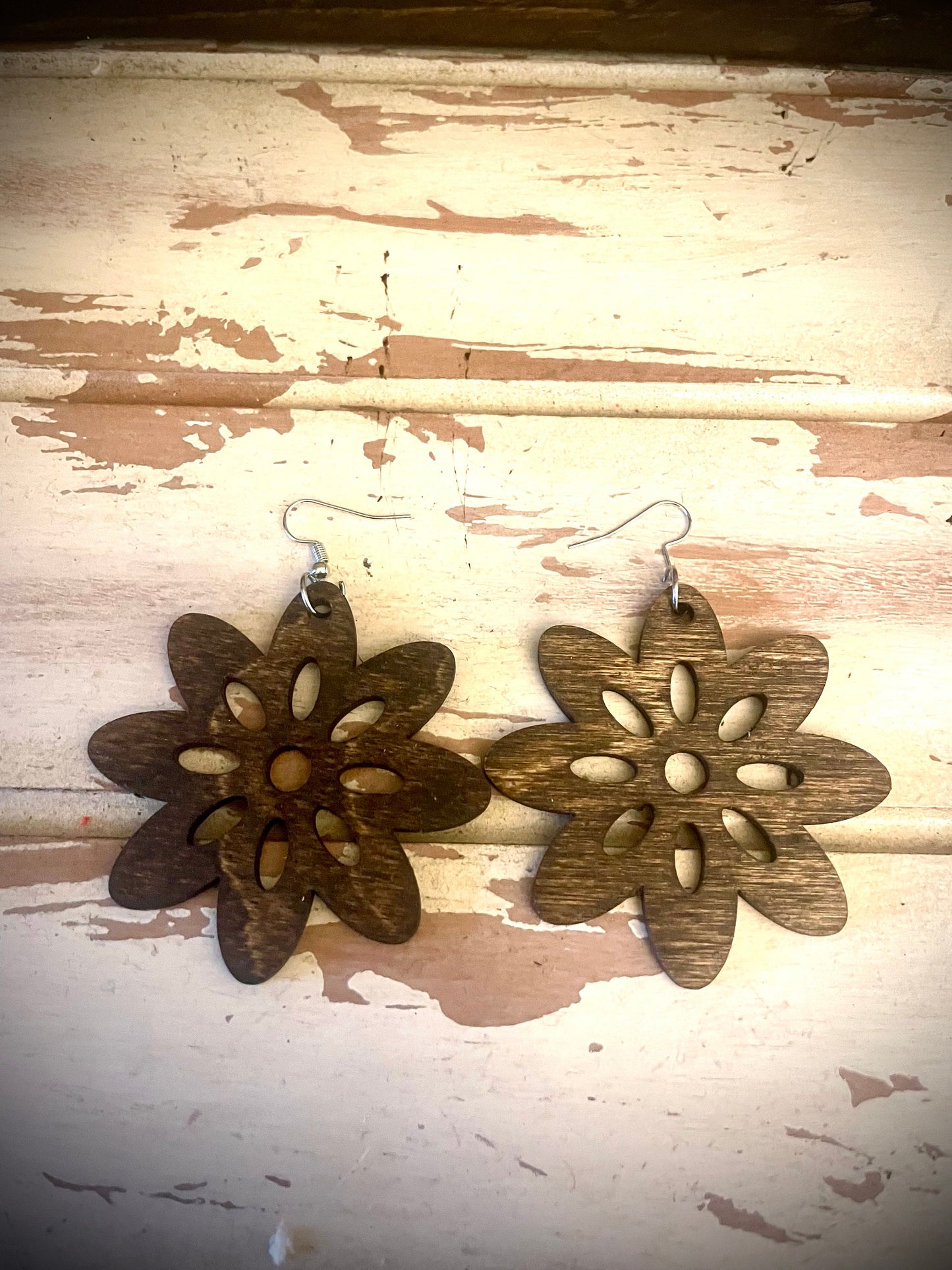Flower Wood Dangle Earrings | 3 Sizes, 12 Finishes | Floral Boho Jewelry
