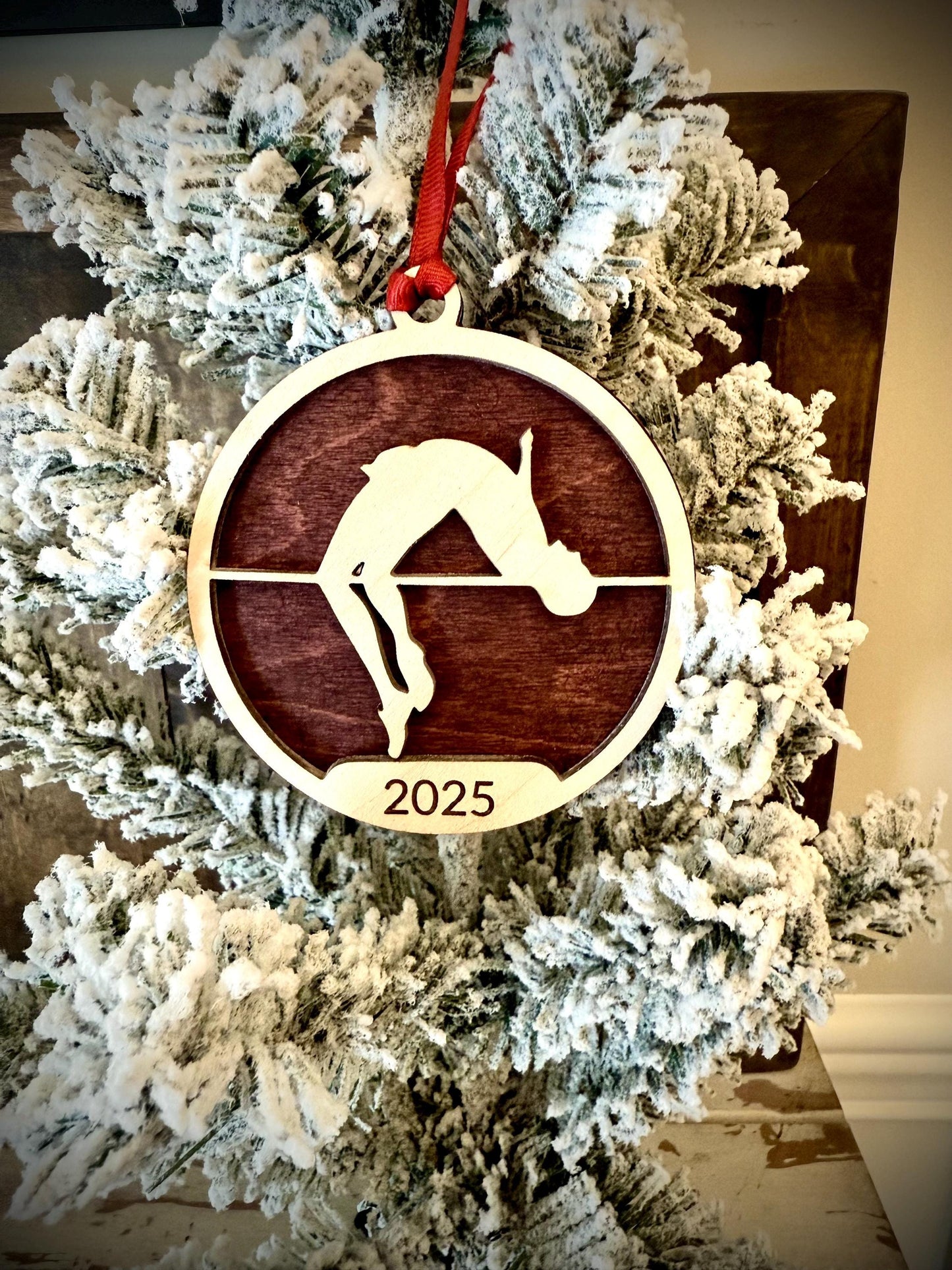 Male High Jump Track & Field Personalized 2-Layer Wood Christmas Ornament & Gift Tag | Multiple Finishes | Track Gift