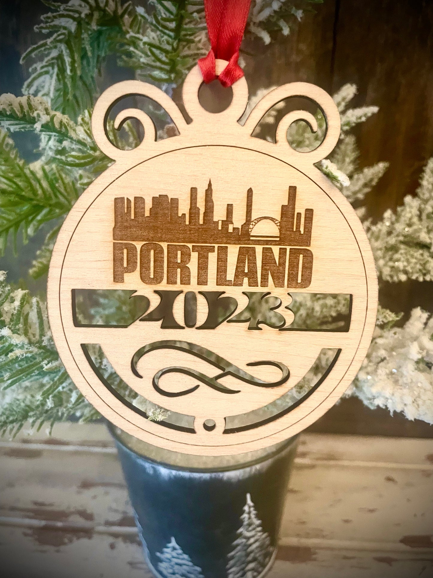 Portland Skyline Wood Ornament | Choice of Year | 4" x 4.75" | Travel Souvenir Gift