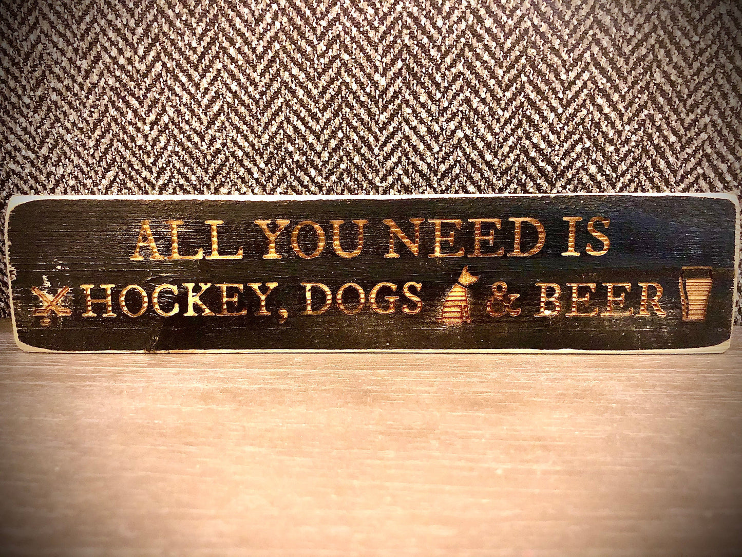 Funny Wood Hockey Sign | "All You Need Is Hockey, Dogs & Beer"