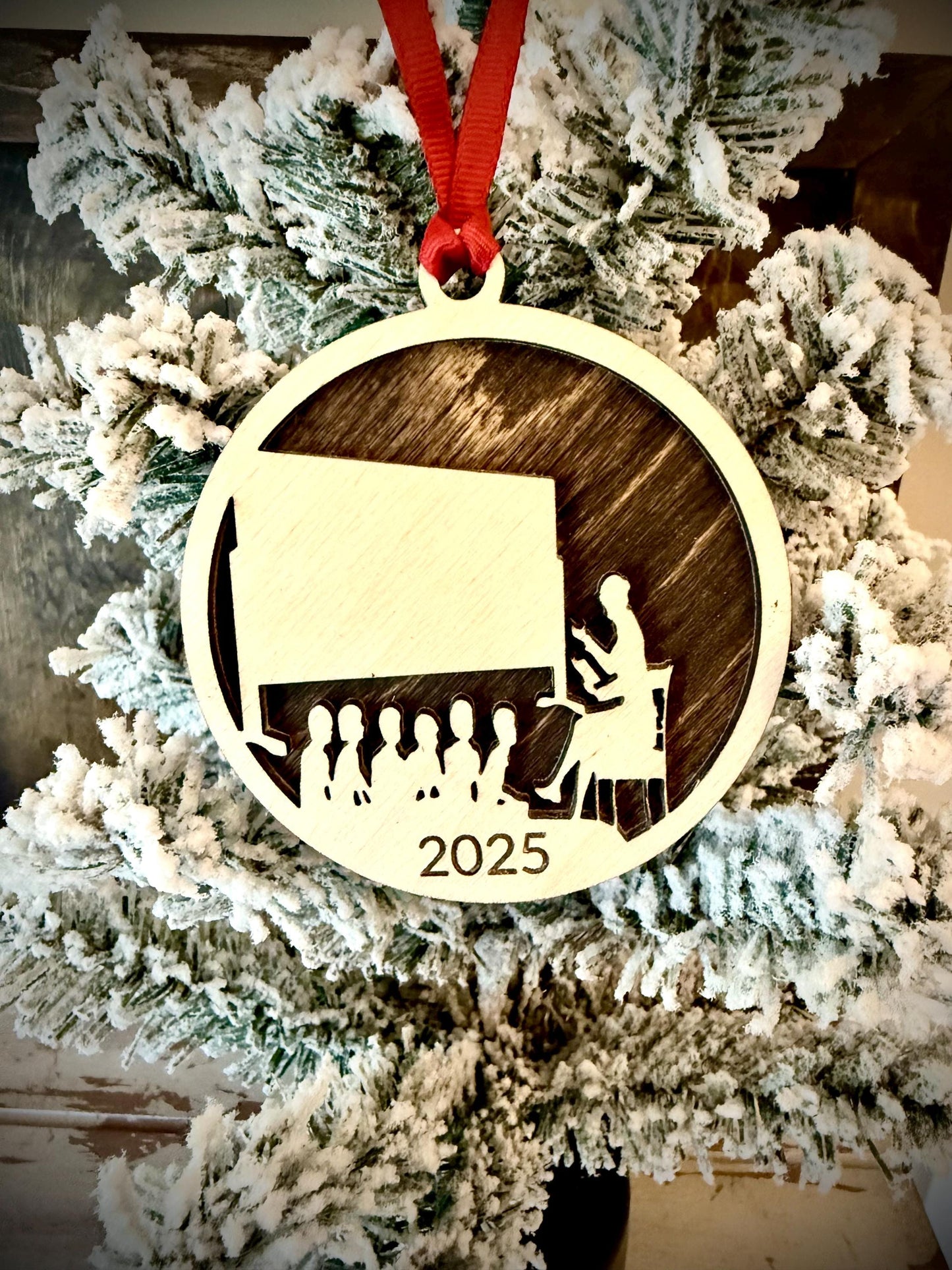 Female Teacher with Students Personalized 2-Layer Wood Christmas Ornament & Gift Tag | Multiple Finishes | Teacher Gift
