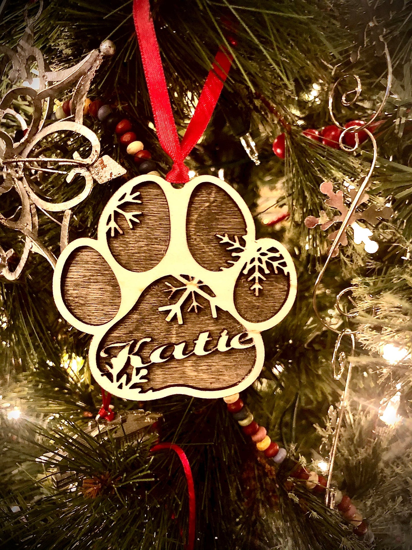 Custom Dog Paw Personalized Wood Christmas Ornament & Gift Tag | Pet Lover Gift