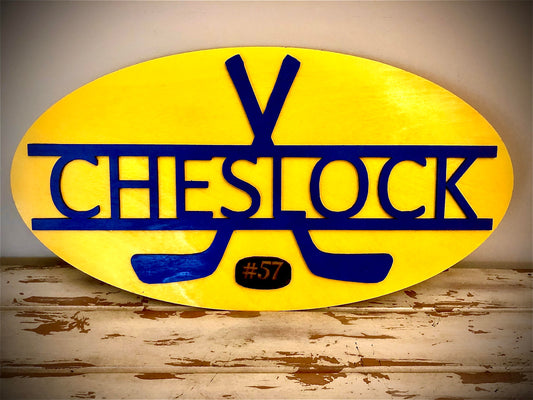 Personalized Hockey Stick & Puck Wood Sign | Team Colors, Name & Number