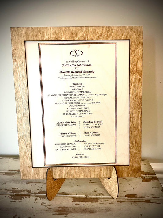 Custom Engraved Wood Wedding Program Keepsake | 8x10 Frame & Easel | 5th Anniversary Gift