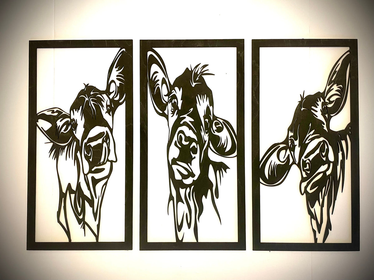Cute Cow Wood Wall Art | 3-Panel Set | Multiple Finishes | Farm Decor