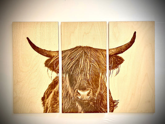 Scottish Highland Cow Laser Engraved Wood Wall Art Panels | 3-Piece Set | Multiple Finishes