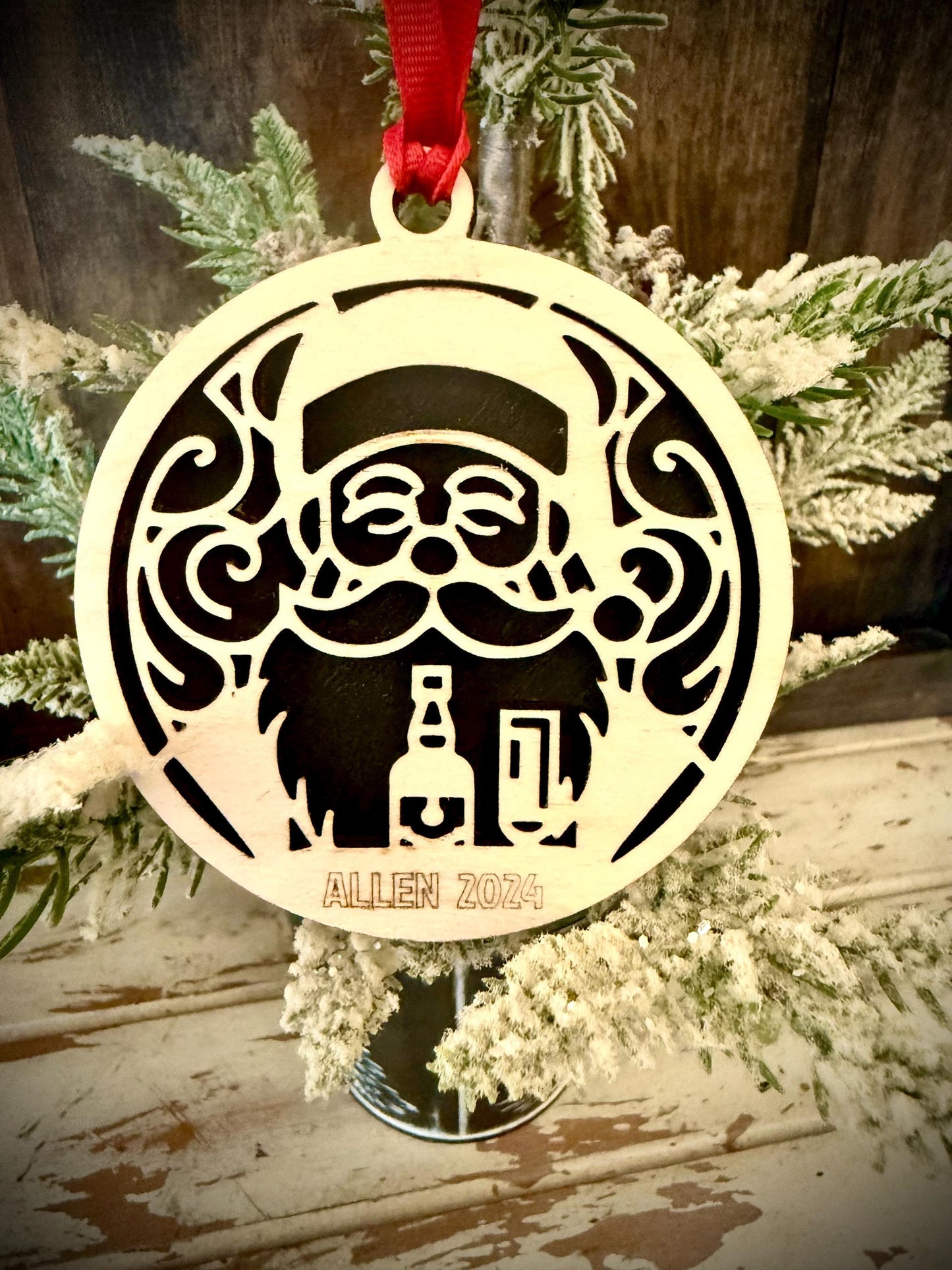 Santa with Adult Beverage Personalized 2-Layer Wood Christmas Ornament & Gift Tag | Multiple Finishes | Funny Gift