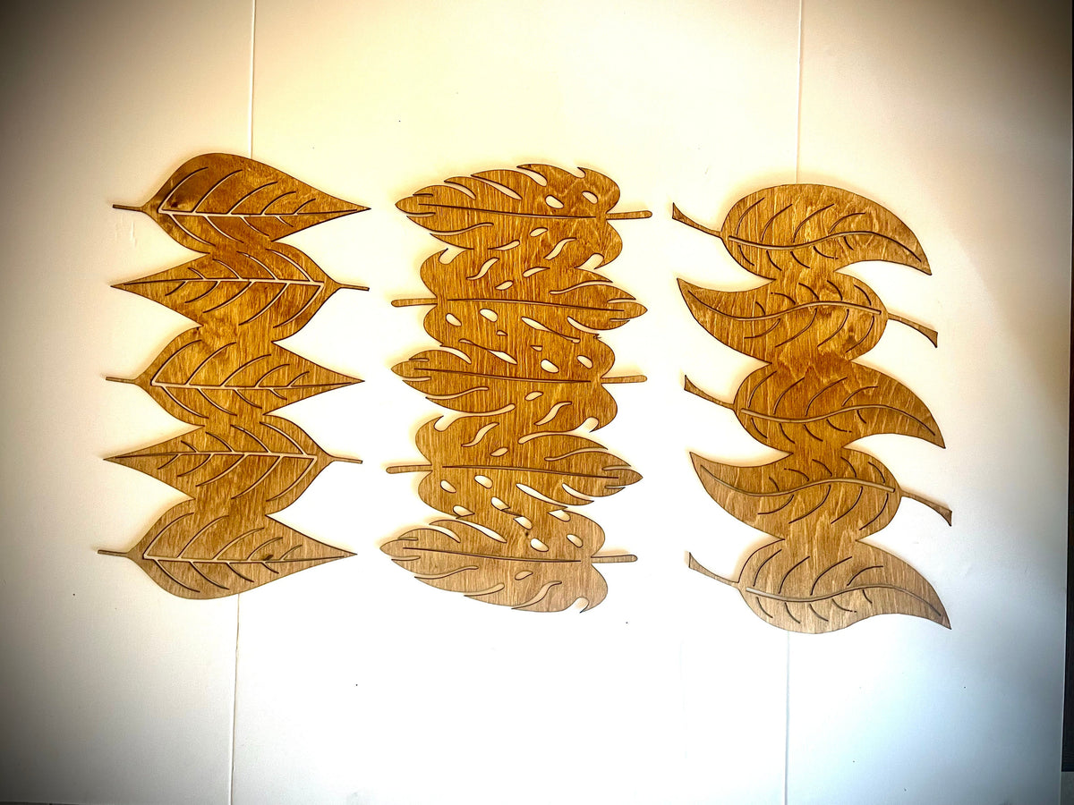 Boho Frameless Leaf Wood Wall Art | 3-Panel Set | Multiple Finishes