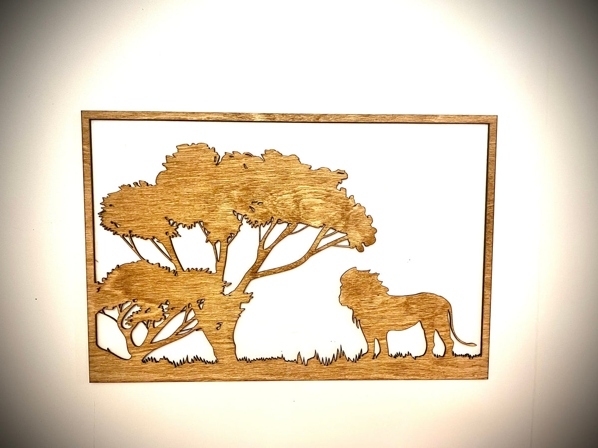 African & Jungle Wildlife Wood Wall Art | Elephant, Lion & Giraffe at Tree of Life | 3-Panel Set | Multiple Finishes