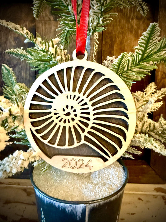 Ammonite Seashell Fossil Personalized 2-Layer Wood Christmas Ornament & Gift Tag | Multiple Finishes | Nature Gift