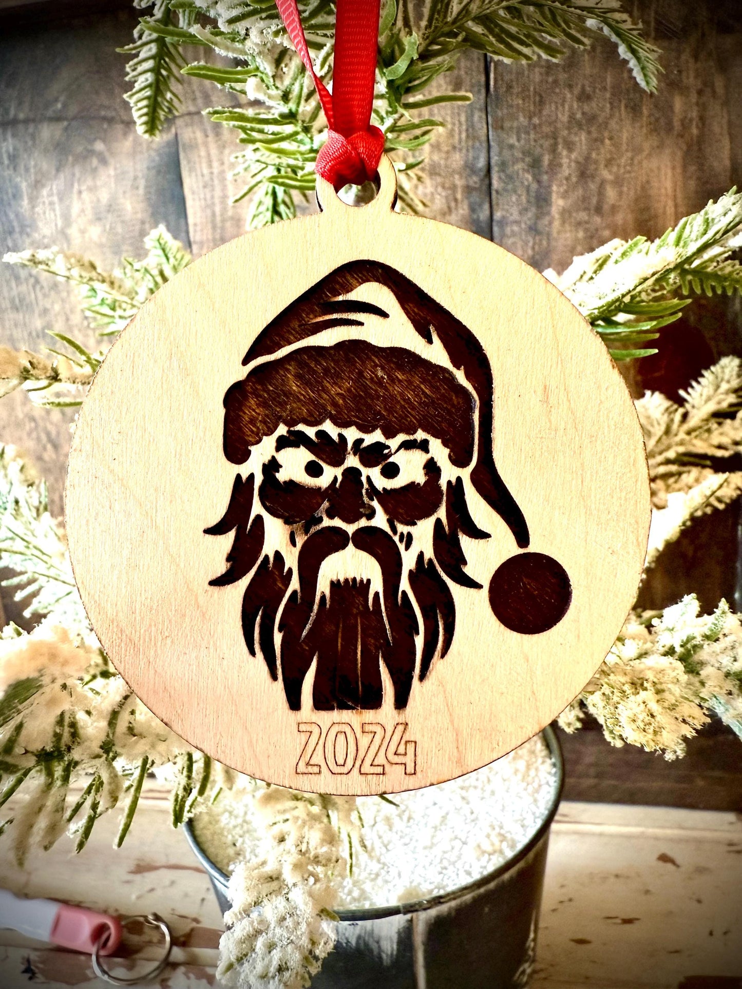 Terrifying Scary Deranged Santa Claus Personalized 2-Layer Wood Christmas Ornament & Gift Tag | Multiple Finishes | Funny Gift (#3)
