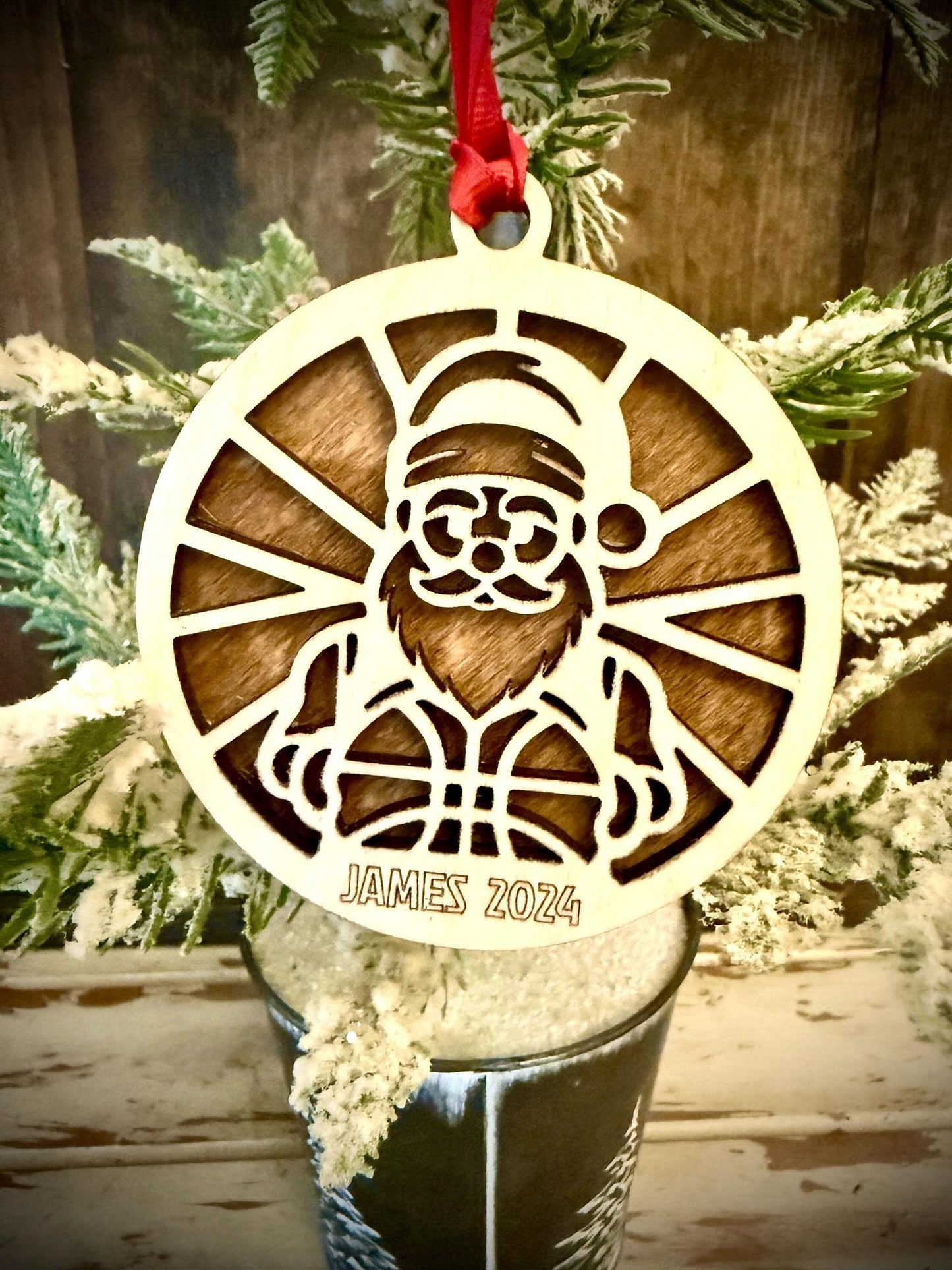 Santa Basketball Player Personalized 2-Layer Wood Christmas Ornament & Gift Tag | Multiple Finishes | Basketball Gift