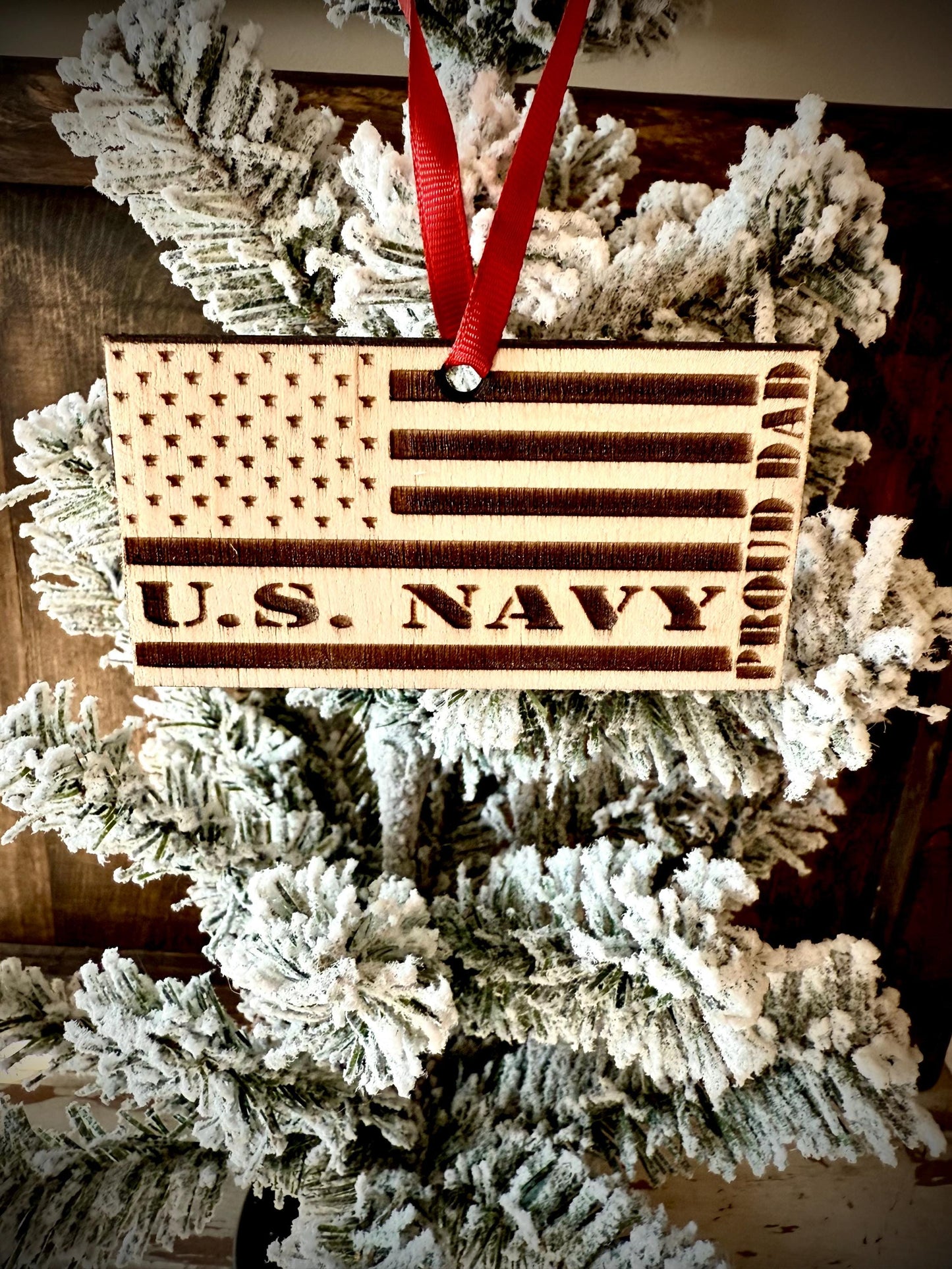 US Navy Proud Dad Engraved US Flag Wood Ornament | Patriotic Gift | Military Gift