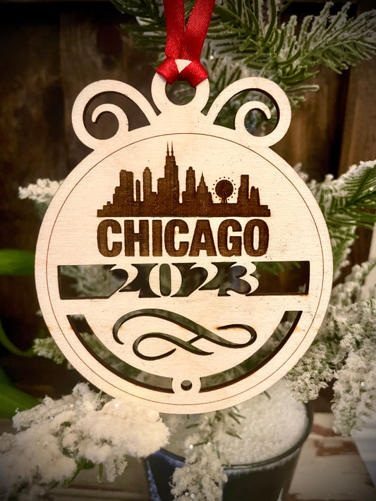 Chicago Skyline Wood Ornament | Choice of Year | 4" x 4.75" | Travel Souvenir Gift
