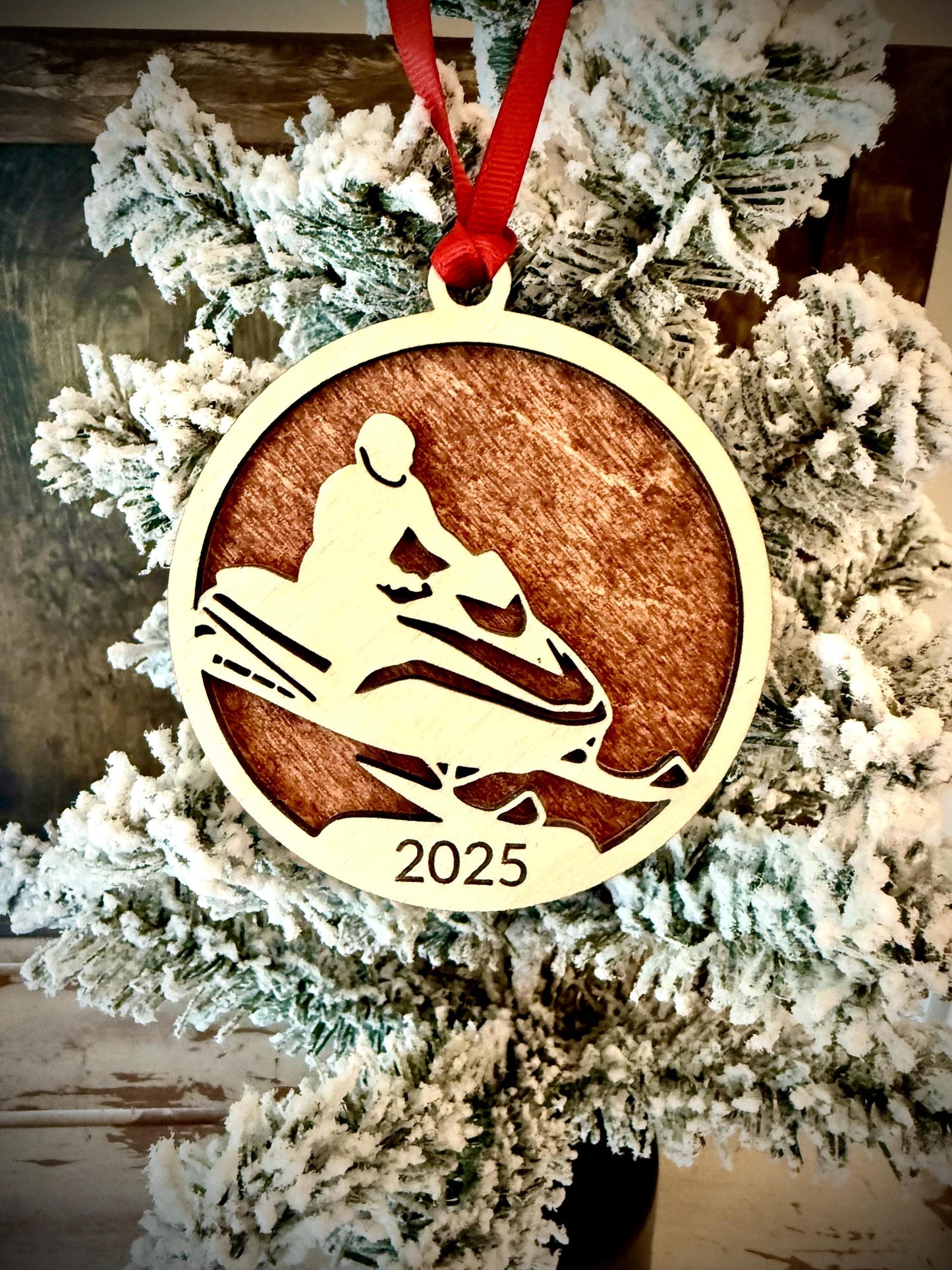 Snowmobiler Personalized 2-Layer Wood Christmas Ornament & Gift Tag | Multiple Finishes | Winter Sport Gift
