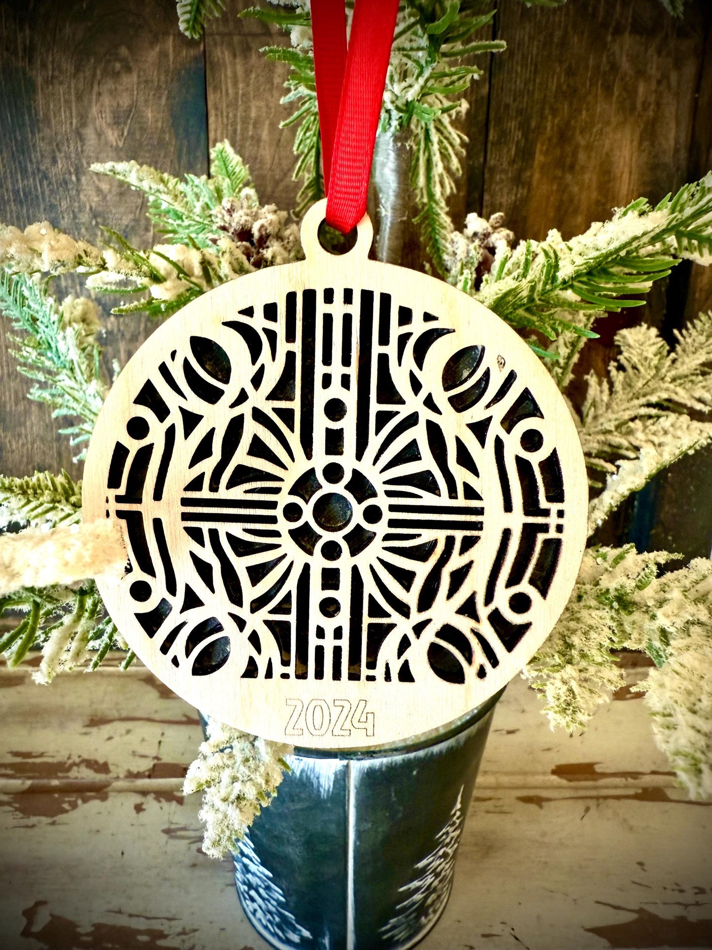 Art Deco Geometric Personalized 2-Layer Wood Christmas Ornament & Gift Tag | Multiple Finishes | Boho Holiday Gift