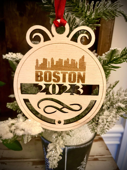 Boston Skyline Wood Ornament | Choice of Year | 4" x 4.75" | Travel Souvenir Gift