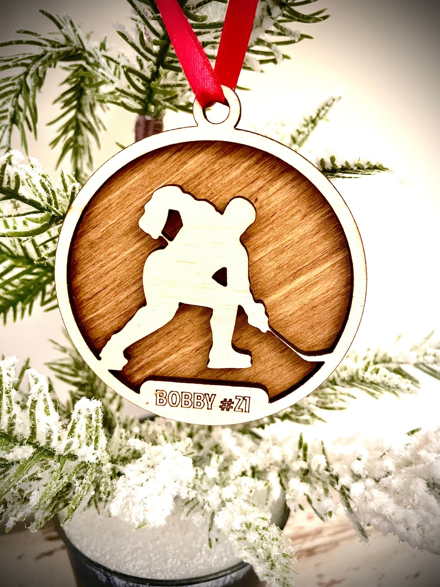 Hockey Player Skater Personalized 2-Layer Wood Christmas Ornament & Gift Tag | Multiple Finishes | Hockey Gift (#3)