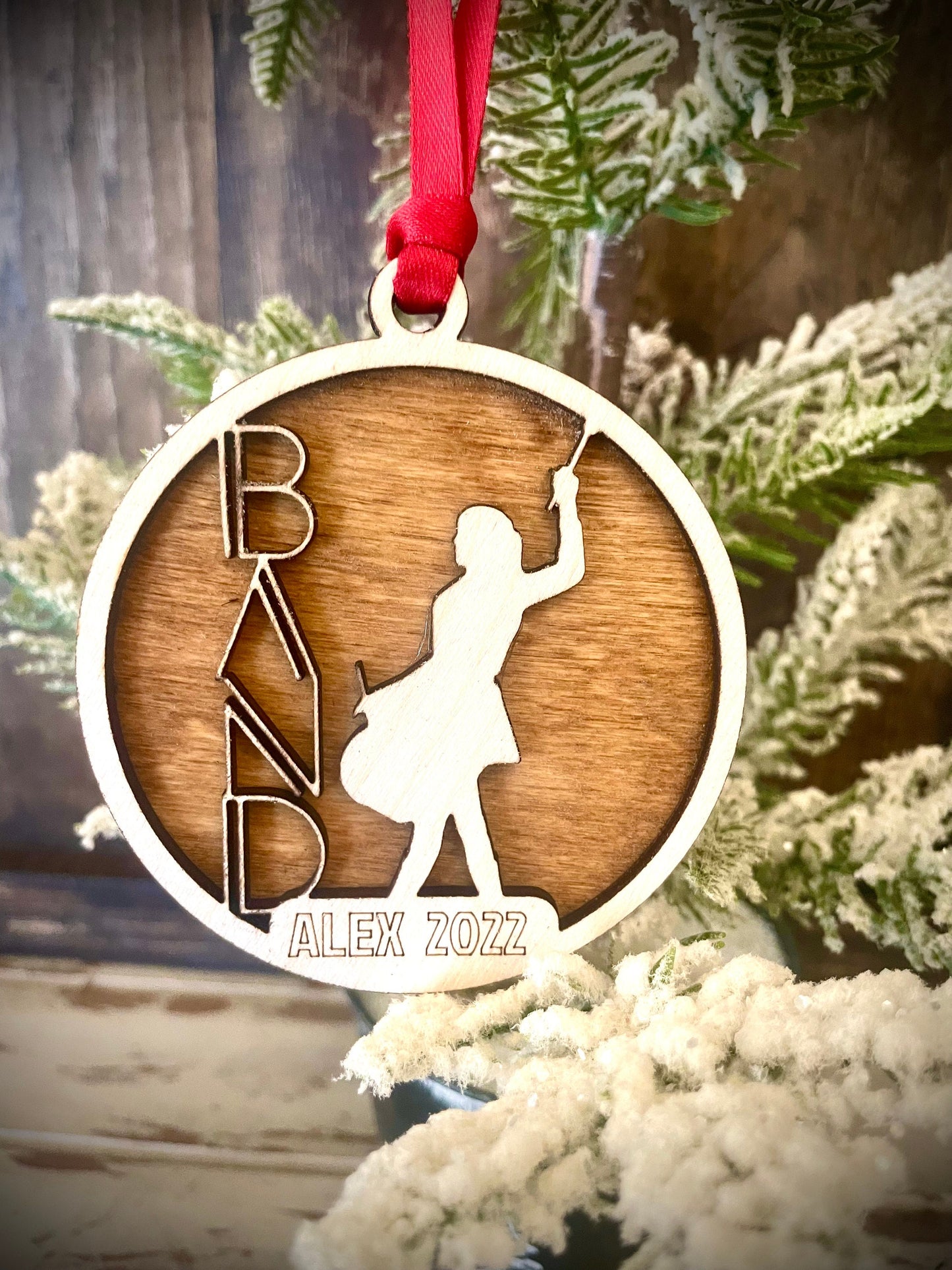 Marching Band Female Drum Player Personalized 2-Layer Wood Christmas Ornament & Gift Tag | Multiple Finishes | Music Gift (#10)