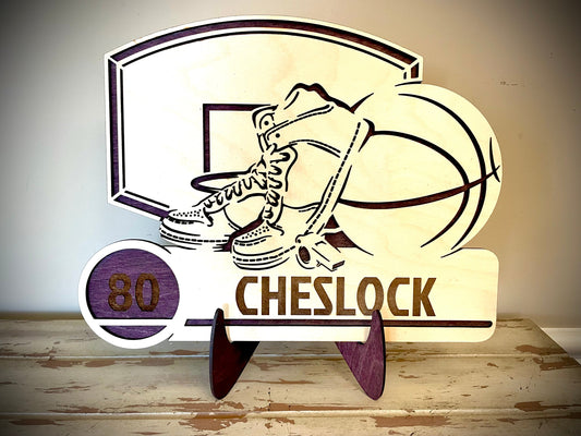 Custom Basketball Wood Plaque | Player Name & Number Engraved | Hoop & Ball Design