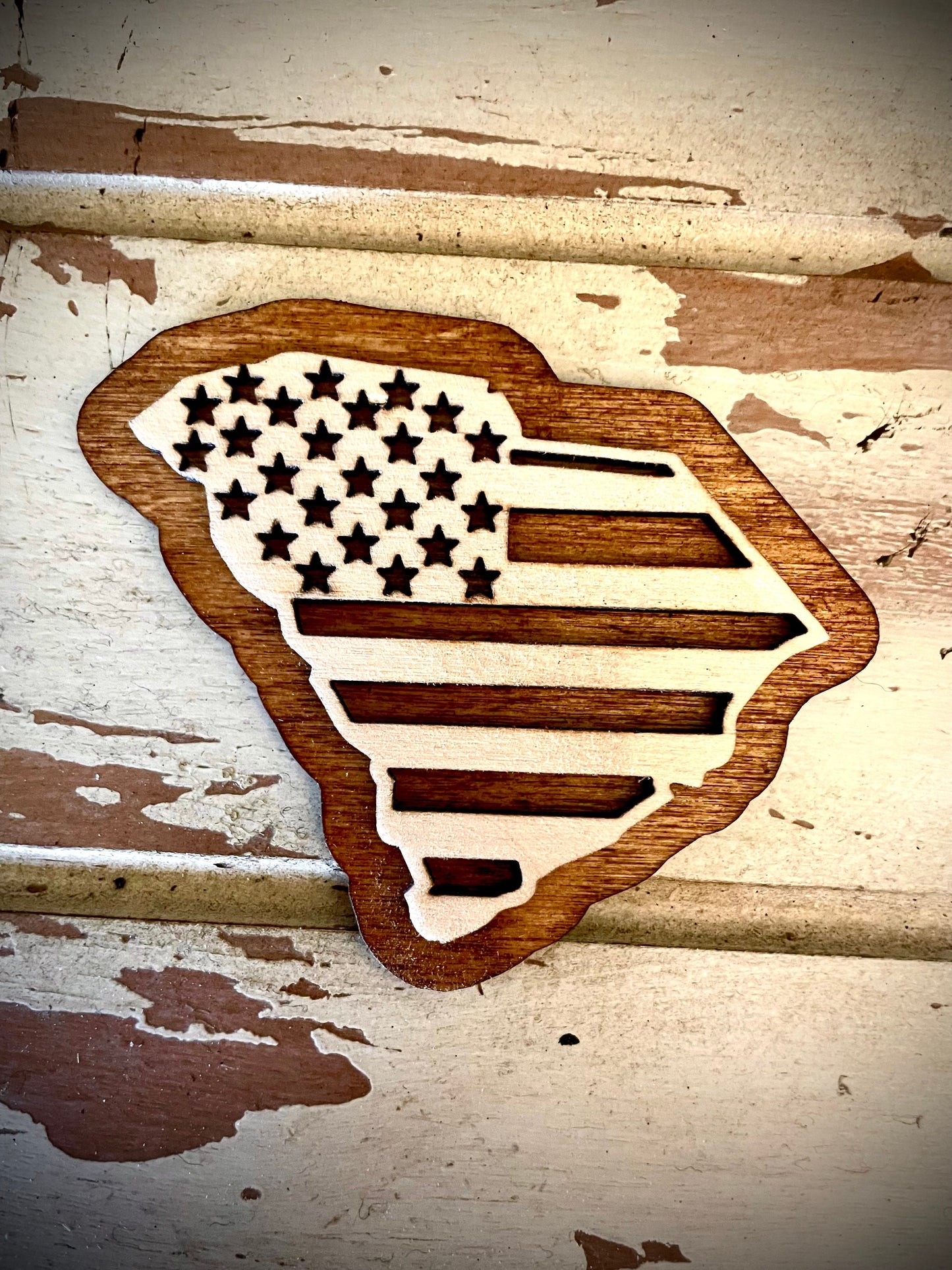South Carolina US Flag 2-Layer Wood Refrigerator Magnet | 12 Finishes | Patriotic Gift