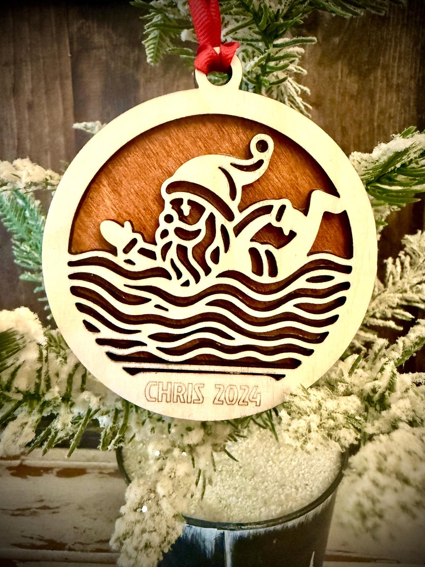 Santa Swimming Personalized 2-Layer Wood Christmas Ornament & Gift Tag | Multiple Finishes | Swimming Gift