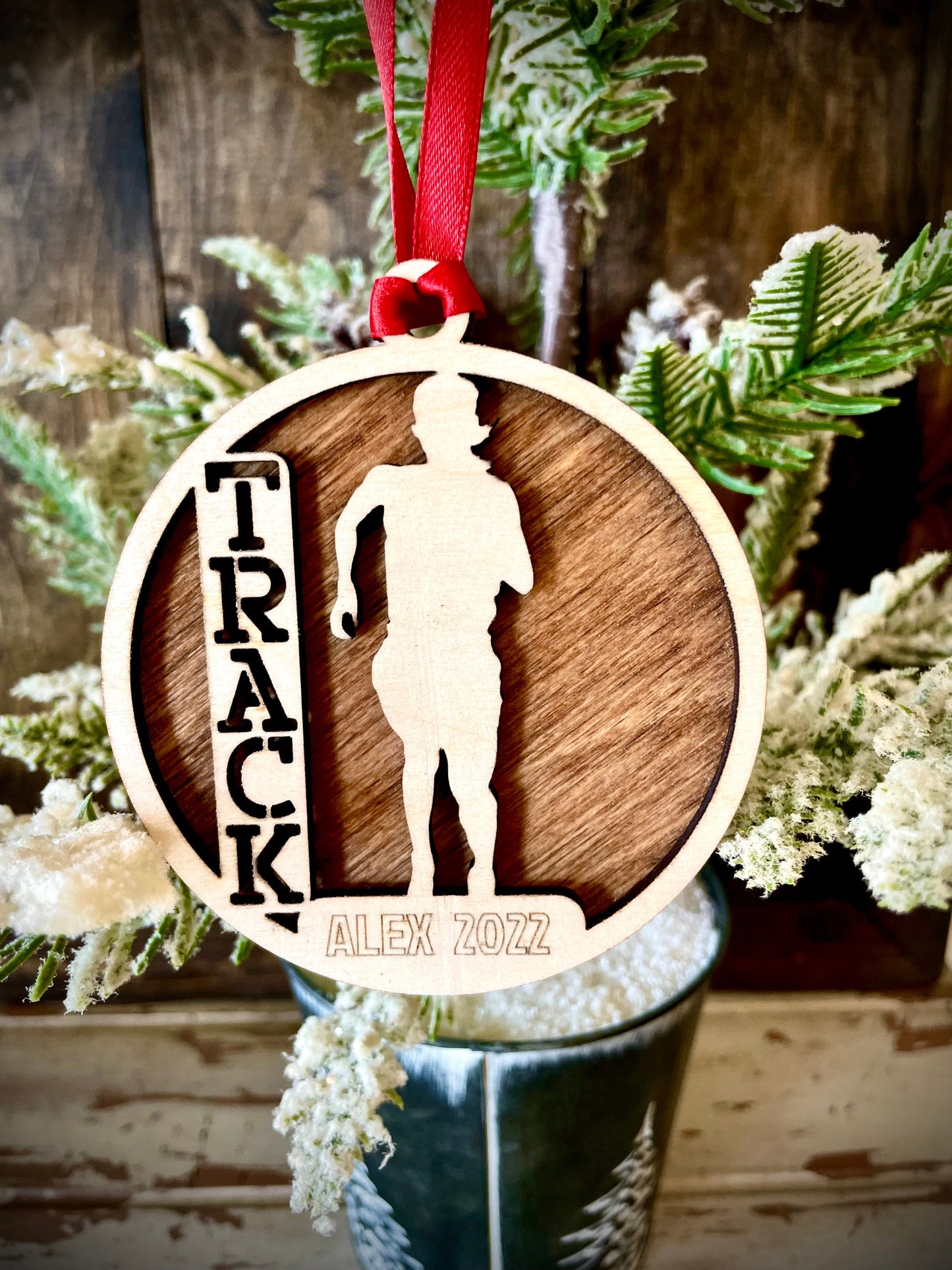 Track Runner Personalized 2-Layer Wood Christmas Ornament & Gift Tag | Multiple Finishes | Track Gift (#2)