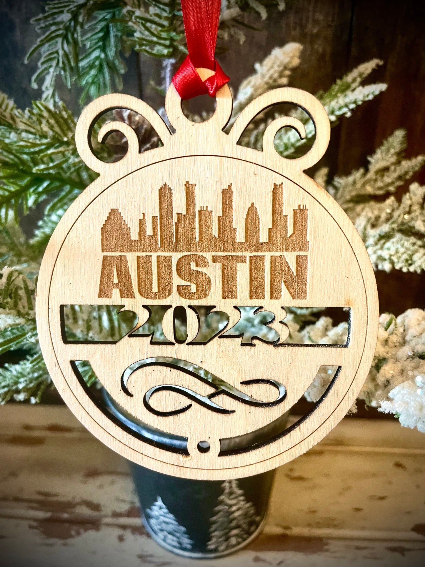 Austin Skyline Wood Ornament | Choice of Year | 4" x 4.75" | Travel Souvenir Gift