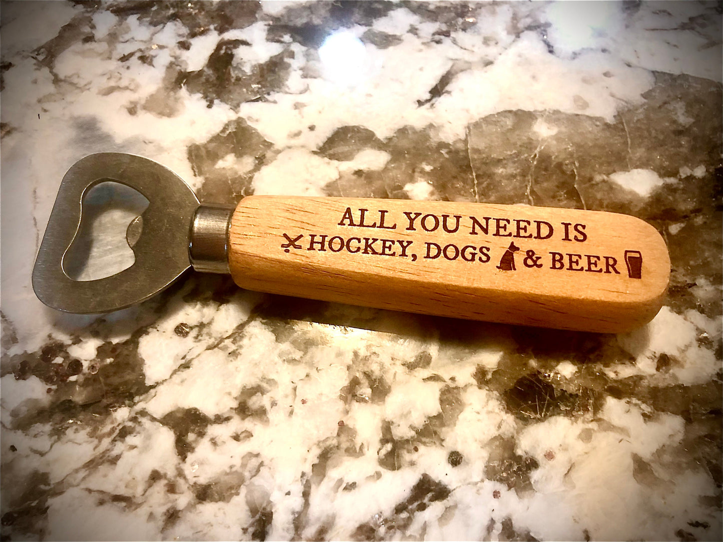 Engraved Wood Bottle Opener | "All You Need Is Hockey, Dogs & Beer" | Hockey Gift