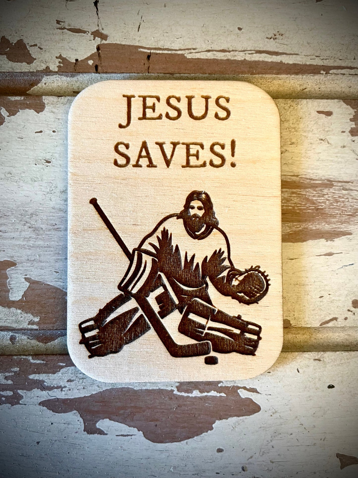 "Jesus Saves!" Funny Hockey Wood Fridge Magnet | Funny Gift