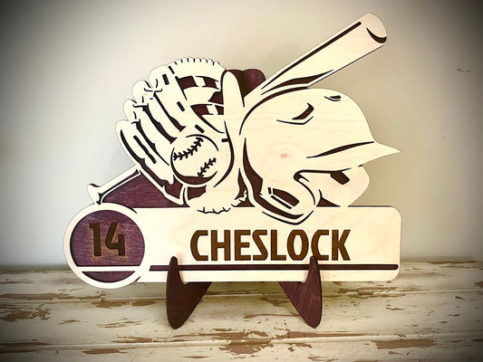 Custom Baseball Wood Plaque | Player Name & Number Engraved | Glove & Bat Design