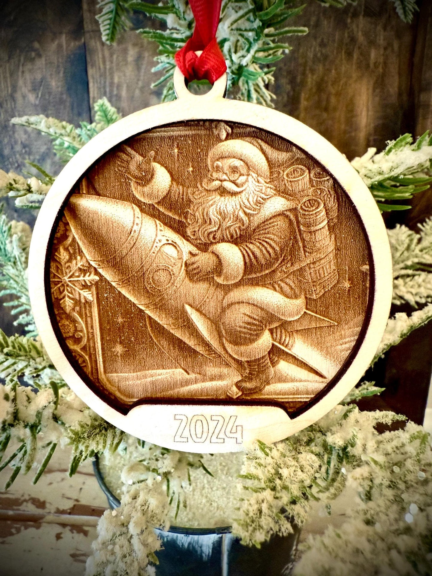 Old Fashioned Santa on Rocket 3D Relief Personalized 2-Layer Wood Christmas Ornament & Gift Tag | Holiday Gift