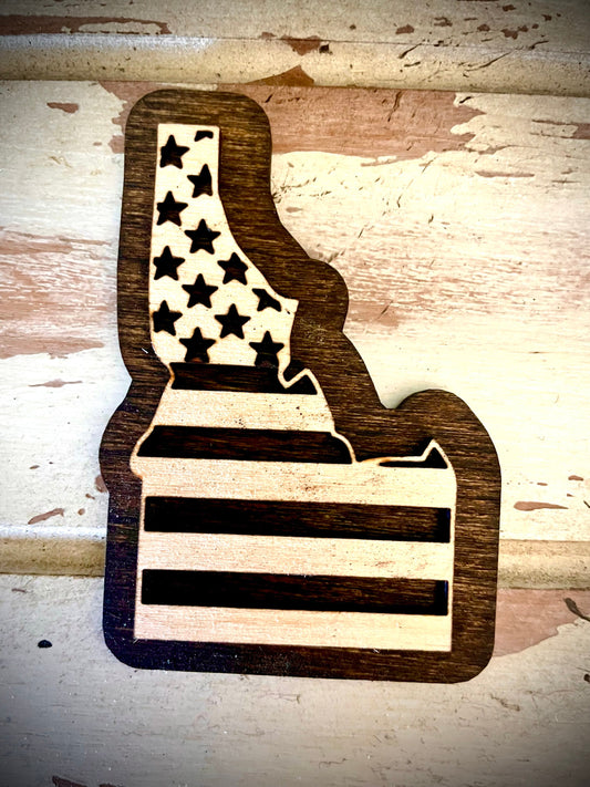 Idaho US Flag 2-Layer Wood Refrigerator Magnet | 12 Finishes | Patriotic Gift
