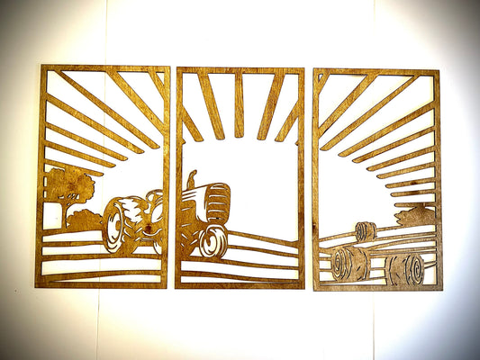 Farm Tractor Scene 3-piece decorative wall panel set, front view