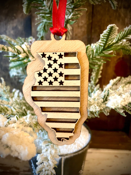 Illinois US Flag Wood Ornament & Gift Tag | 12 Finishes | Patriotic Gift