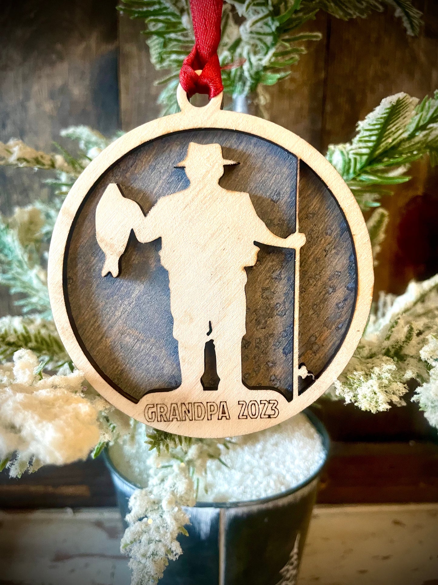 Fishing Fisherman Personalized 2-Layer Wood Christmas Ornament & Gift Tag | Multiple Finishes | Fishing Gift (#2)