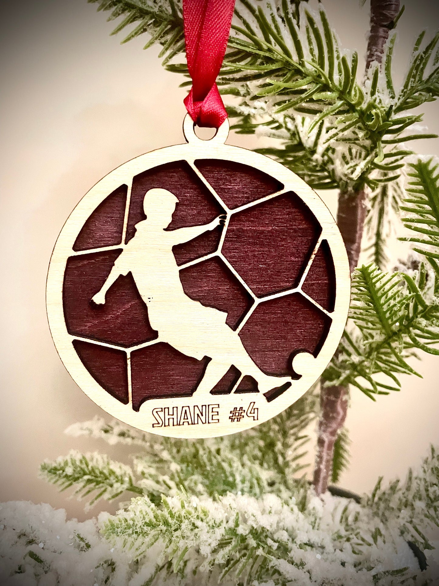 Soccer player 2-layer personalized laser cut wood Christmas ornament, gift tag available unfinished or stained (version 7 of 12)
